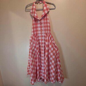 Cherry Bomb Halter Pink/White Checkered Dress with Pockets 12